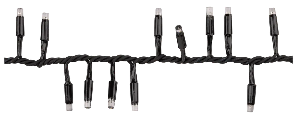 Svart LED-ljusslinga med jämnt fördelade, nedhängande lampor. Passar för inomhus- eller utomhusdekoration och ger klar, energieffektiv belysning för festliga tillfällen.