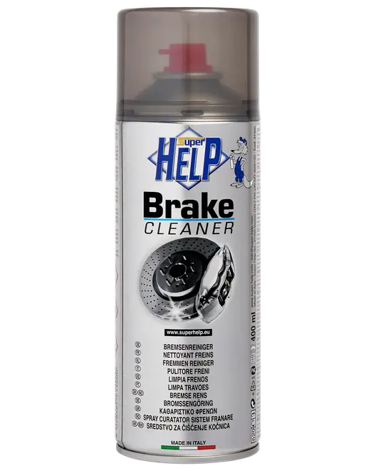 Super Help bremsrens på spraydåse, 400 ml, med beskyttelseshætte og grafisk billede af bremseskive på hvid etiket.