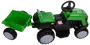 Grøn og sort pedaltraktor til børn med aftagelig trailer, fire store hjul, rat og sæde. Ideel til udendørs leg og transport af småting.