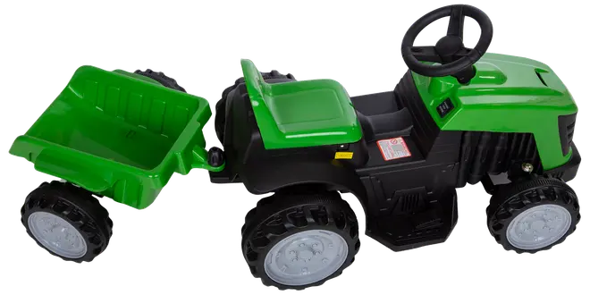 Grøn og sort pedaltraktor til børn med aftagelig trailer, fire store hjul, rat og sæde. Ideel til udendørs leg og transport af småting.