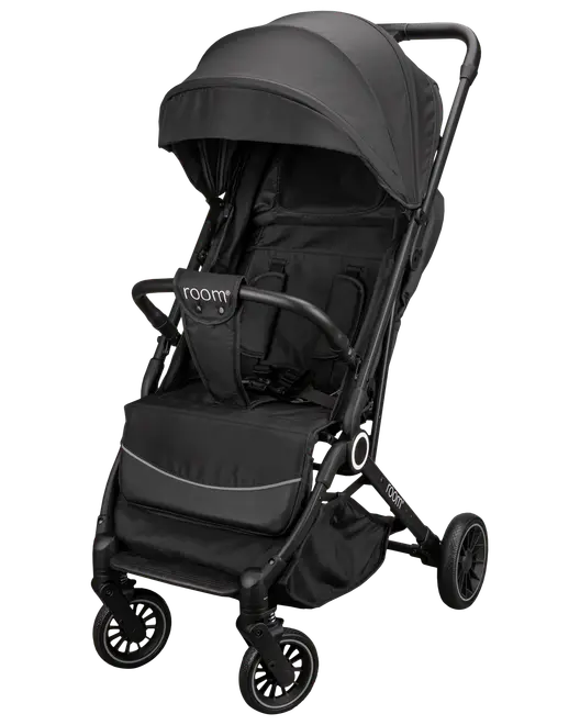 Sort barnevogn med justerbar kaleche, polstret sæde, sikkerhedssele, frontbøjle, fire hjul og opbevaringskurv under sædet. Let og sammenklappelig model til små børn.