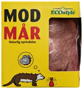 Gul ECOstyle æske med teksten MOD MÅR og vindue med brun stofpose, samt illustration af mår og grævling på forsiden.