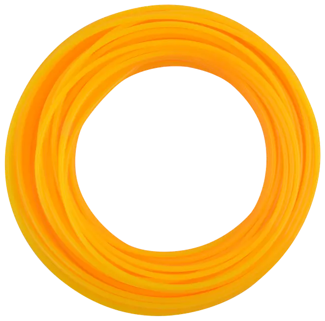 Upprullad spole med starkt gul trimmerlina i plast, passar grästrimmers och röjsågar. Rund profil, flexibel och utformad för effektiv klippning.