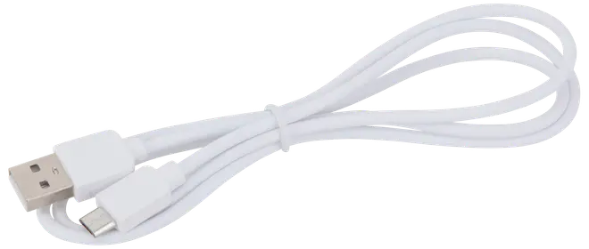 Vit USB till micro USB laddningskabel, cirka 1 meter lång. Har USB-A kontakt i ena änden och micro USB i andra. Tålig plastbeläggning.
