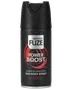 Sort, cylindrisk deodorant spraydåse med sikker hætte, mærket 'BODYIX FUZE POWER BOOST'. Giver avanceret friskhed, krydret sandeltræduft, 150 ml.