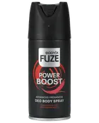 Sort, cylindrisk deodorant spraydåse med sikker hætte, mærket 'BODYIX FUZE POWER BOOST'. Giver avanceret friskhed, krydret sandeltræduft, 150 ml.