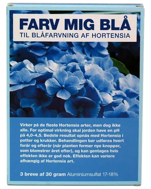 Æske med blåfarvningsmiddel til hortensia. Indeholder tre breve à 30 gram aluminiumsulfat. Velegnet til de fleste hortensiaarter. Brugsanvisning og detaljer på pakken.