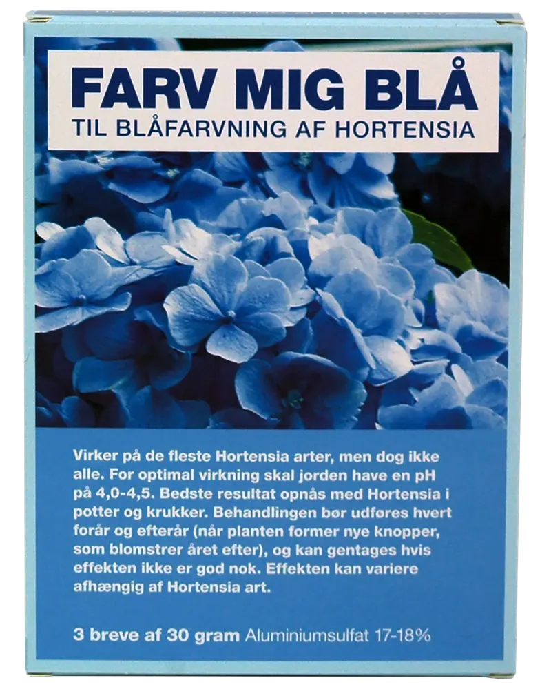 Æske med blåfarvningsmiddel til hortensia. Indeholder tre breve à 30 gram aluminiumsulfat. Velegnet til de fleste hortensiaarter. Brugsanvisning og detaljer på pakken.