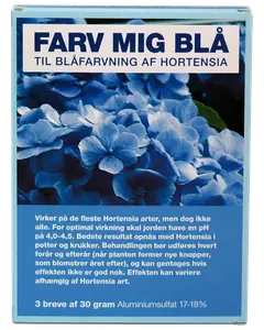 Æske med blåfarvningsmiddel til hortensia. Indeholder tre breve à 30 gram aluminiumsulfat. Velegnet til de fleste hortensiaarter. Brugsanvisning og detaljer på pakken.