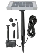 Solcelledrevet vandpumpe-sæt med solpanel, pumpe, forlængerrør, flere springvanddyser og lang strømkabel. Velegnet til havedamme eller springvand, nem at samle og miljøvenlig.