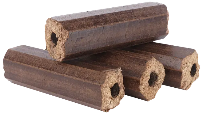 Brune, sekskantede tyggepinde til hunde med hul midte, lavet af komprimeret råhud, designet til tandpleje og langvarig tyggeglæde for mellemstore og store hunde.