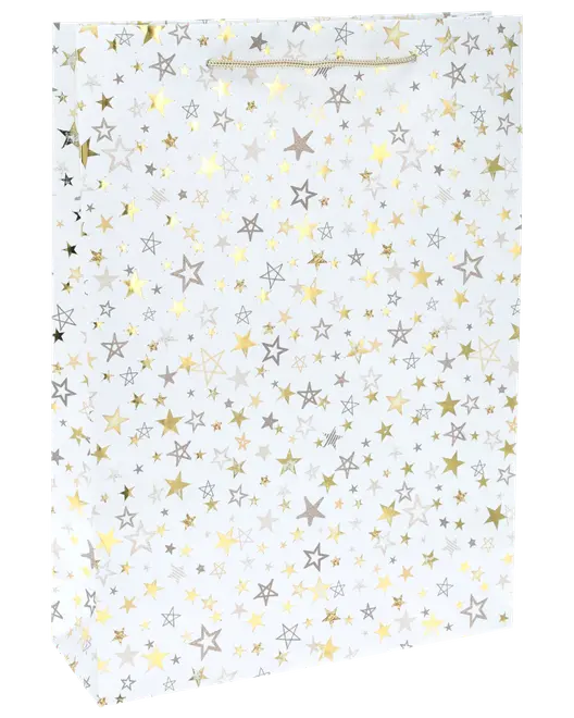 Vit presentpåse med guld- och silverfärgade stjärnmönster samt silverfärgat snöre som handtag. Passar till födelsedagar, högtider eller fest. Mediumstorlek.