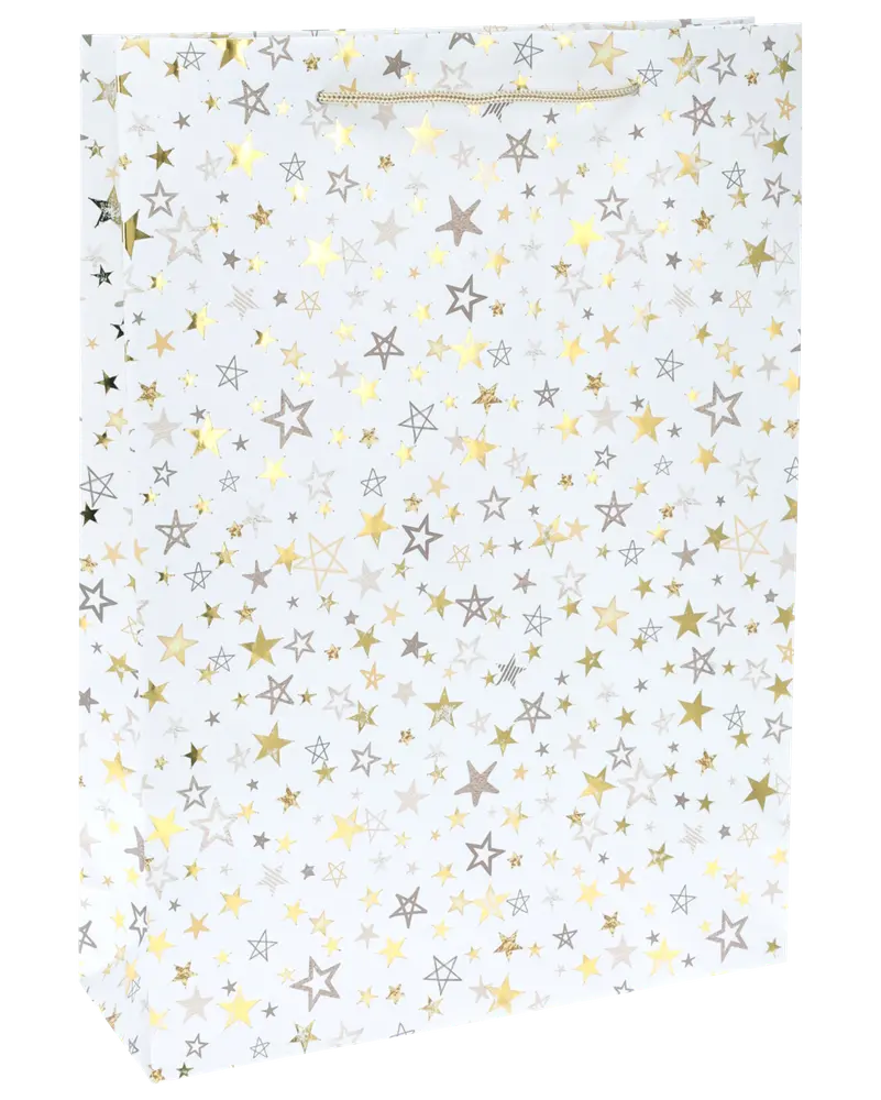 Vit presentpåse med guld- och silverfärgade stjärnmönster samt silverfärgat snöre som handtag. Passar till födelsedagar, högtider eller fest. Mediumstorlek.