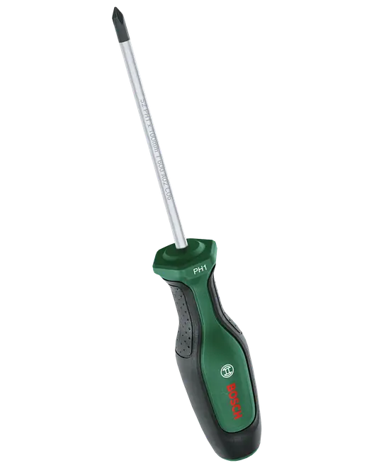 Bosch PH1 stjerneskruetrækker med grøn og sort ergonomisk håndtag og langt metalskaft.