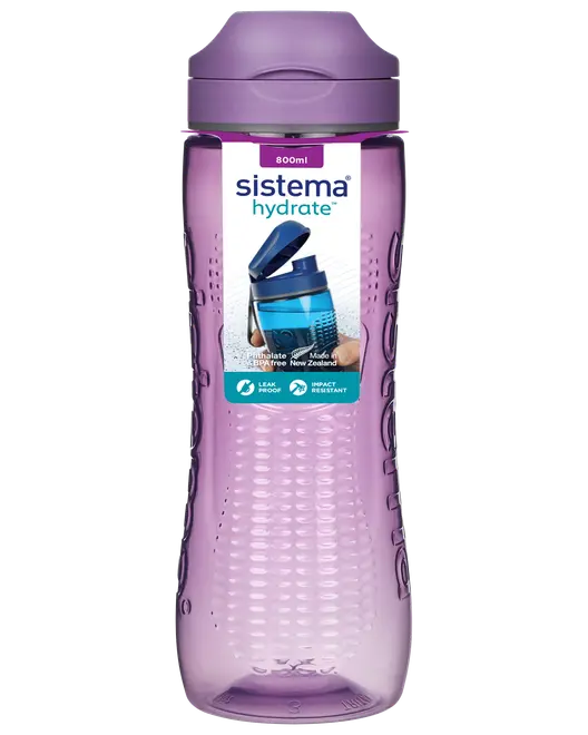 Lilla 800 ml Sistema Hydrate drikkedunk med tekstureret greb, flip-låg og BPA-fri plast. Lækagesikker og stødresistent, ideel til daglig hydrering.