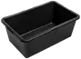 Rektangulær sort plastkasse med glatte sider, afrundede hjørner og let hævet kant. Velegnet til opbevaring og transport af forskellige genstande. Holdbar og nem at rengøre.