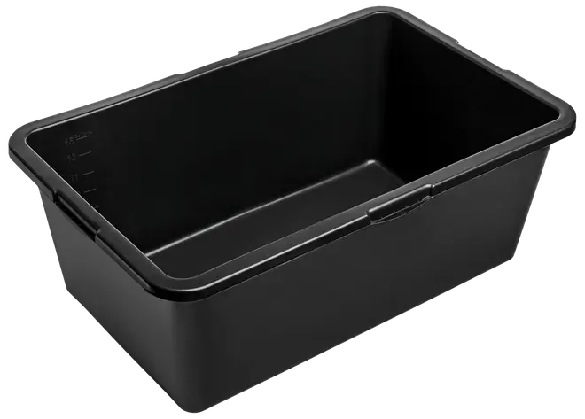 Rektangulær sort plastkasse med glatte sider, afrundede hjørner og let hævet kant. Velegnet til opbevaring og transport af forskellige genstande. Holdbar og nem at rengøre.