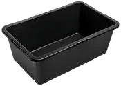Rektangulær sort plastkasse med glatte sider, afrundede hjørner og let hævet kant. Velegnet til opbevaring og transport af forskellige genstande. Holdbar og nem at rengøre.