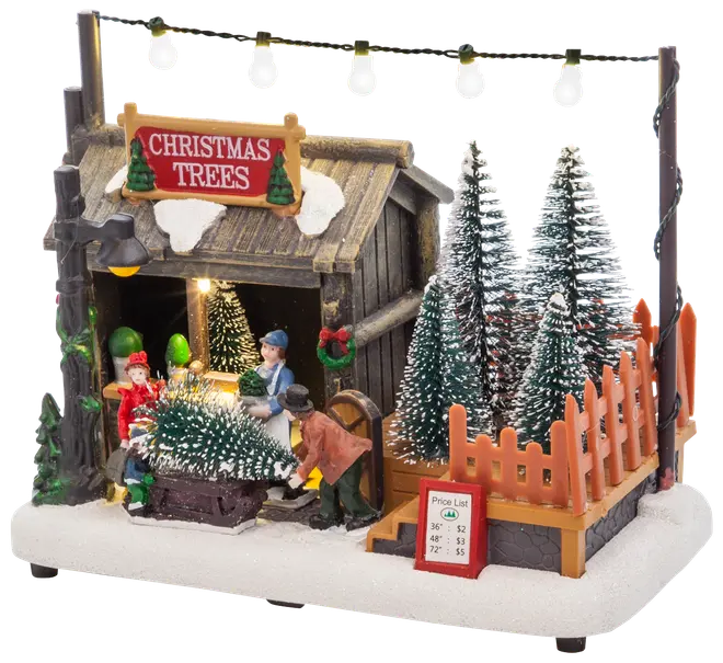 Miniatyr julgransmarknad med snö, figurer, trähus, ljusslinga och olika snötäckta granar. Inkluderar prislista och orange staket. Dekorativt tillbehör till julby.