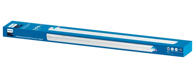Philips LED-rør i blå emballage, velegnet til professionelle projekter. Kassen viser produktbillede, mærkelogo og nøglefunktioner. Lang, slank og energieffektiv.