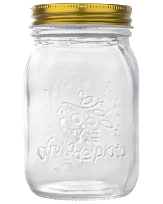 Klar glasbeholder med præget frugtmotiv og tekst, bred åbning og gyldent metalskruelåg. Velegnet til konservering, opbevaring eller servering af mad og drikke.