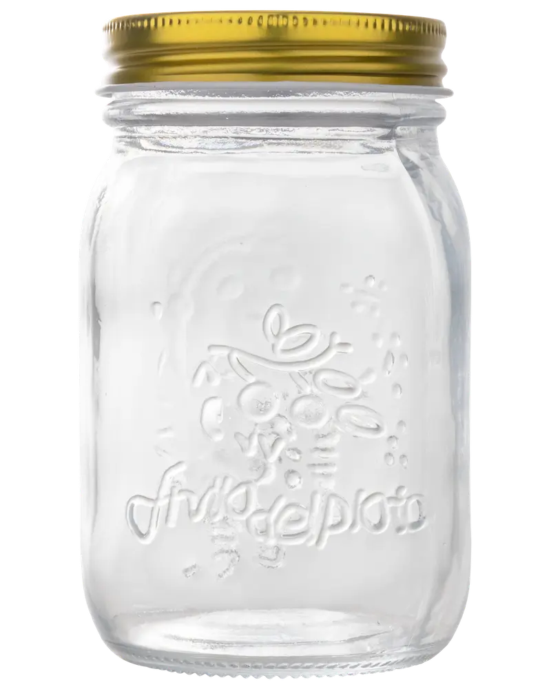 Klar glasburk med präglat fruktmotiv och text, bred öppning och guldskruvlock i metall. Perfekt för konservering, förvaring eller servering av mat och dryck.