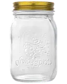 Klar glasbeholder med præget frugtmotiv og tekst, bred åbning og gyldent metalskruelåg. Velegnet til konservering, opbevaring eller servering af mad og drikke.