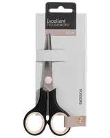 Saks i rustfrit stål, 14 cm lang, med sorte plasthåndtag og hvide indre ringe. Pakket på hvidt kort med "Excellent houseware" mærke. Til husholdningsbrug.