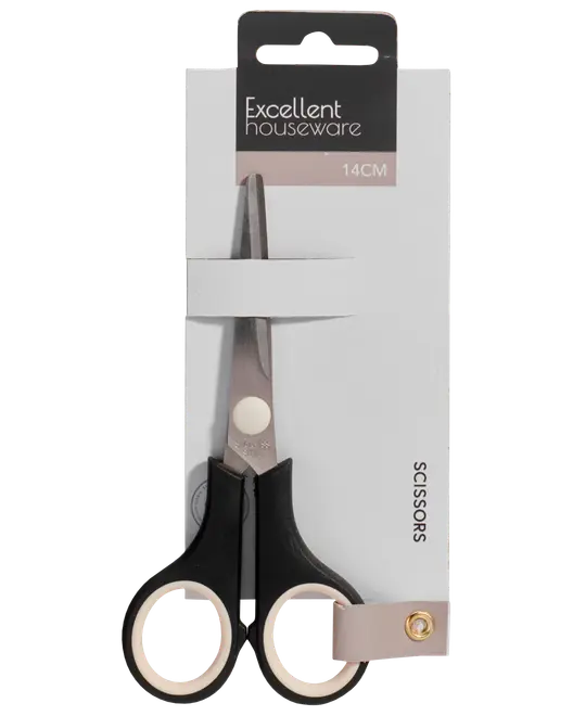 Sax i rostfritt stål, 14 cm lång, med svarta plasthandtag och vita innerringar. Förpackad på vit kartong med "Excellent houseware"-märke. För hushållsbruk.