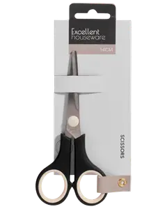 Saks i rustfrit stål, 14 cm lang, med sorte plasthåndtag og hvide indre ringe. Pakket på hvidt kort med "Excellent houseware" mærke. Til husholdningsbrug.