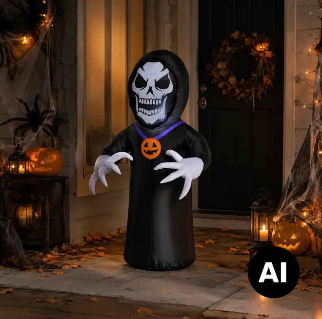 Sort oppustelig Halloween-figur med kraniedødsansigt, hætte, hvide klohænder og græskarvedhæng. - Billedet er skabt med AI