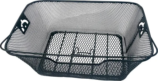 Rectangular black metal mesh basket with a sturdy frame and reinforced edges. The basket features a fine mesh design for ventilation and visibility, and has two mounting brackets on the bottom for secure attachment. The sides are slightly flared, and there are decorative cutouts on each end for added style.