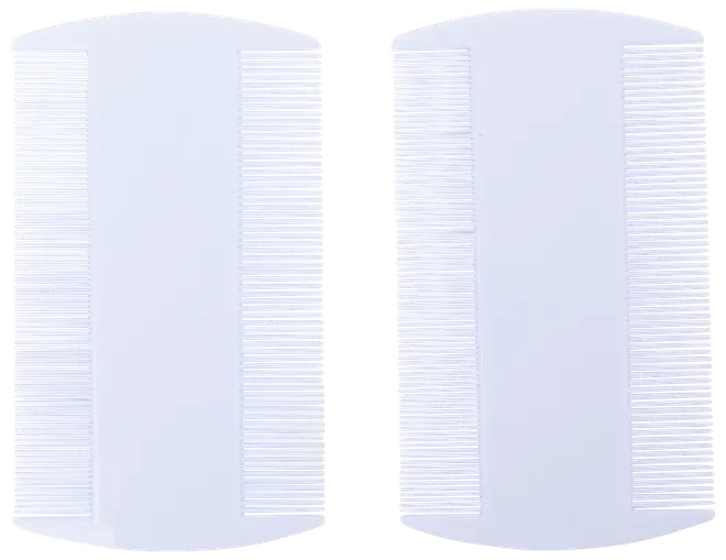 Två vita plast luskammar med tätt sittande tänder för effektiv borttagning av löss och ägg från håret. Hållbara, lätt att rengöra, passar alla hårtyper.