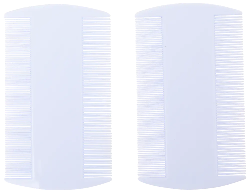 Två vita plast luskammar med tätt sittande tänder för effektiv borttagning av löss och ägg från håret. Hållbara, lätt att rengöra, passar alla hårtyper.