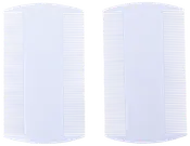 Två vita plast luskammar med tätt sittande tänder för effektiv borttagning av löss och ägg från håret. Hållbara, lätt att rengöra, passar alla hårtyper.