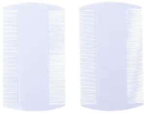 Två vita plast luskammar med tätt sittande tänder för effektiv borttagning av löss och ägg från håret. Hållbara, lätt att rengöra, passar alla hårtyper.