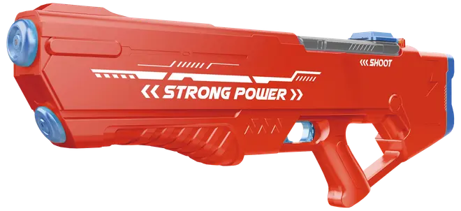 Rød plastik legetøjspistol med blå detaljer, mærket 'Strong Power'. Har aftrækker, greb og løb til skumpile. Velegnet til sikker leg indendørs eller udendørs.