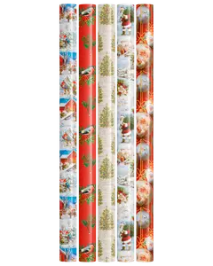 Sæt med seks julegavepapirruller med festlige motiver som julemand, kugler, fugle, træer og snescener i rød, guld og blå. Perfekt til indpakning af julegaver.