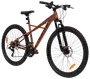Brun mountainbike med framdämpning, grova däck, skivbromsar och flera växlar. Stabil ram, justerbar sadel och ergonomiskt styre för terrängcykling.