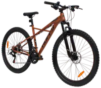 Brun mountainbike med framdämpning, grova däck, skivbromsar och flera växlar. Stabil ram, justerbar sadel och ergonomiskt styre för terrängcykling.