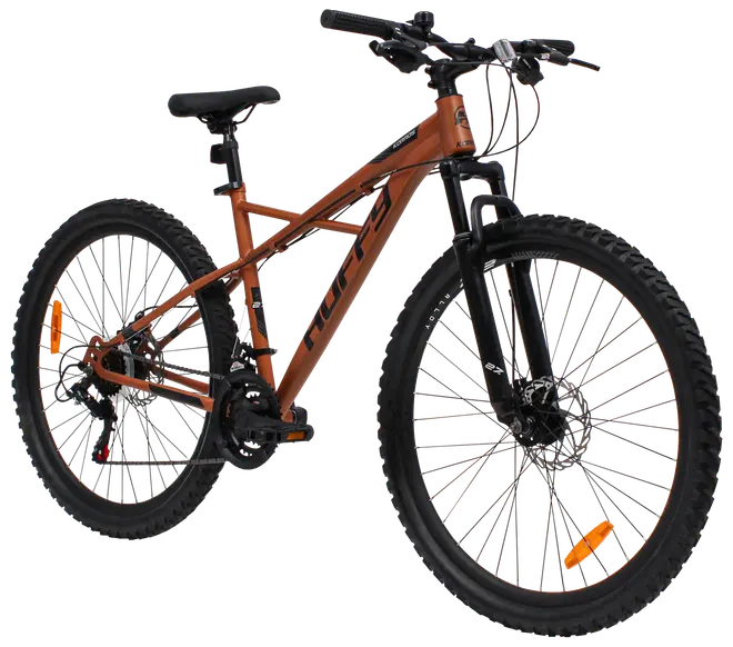 Brun mountainbike med framdämpning, grova däck, skivbromsar och flera växlar. Stabil ram, justerbar sadel och ergonomiskt styre för terrängcykling.