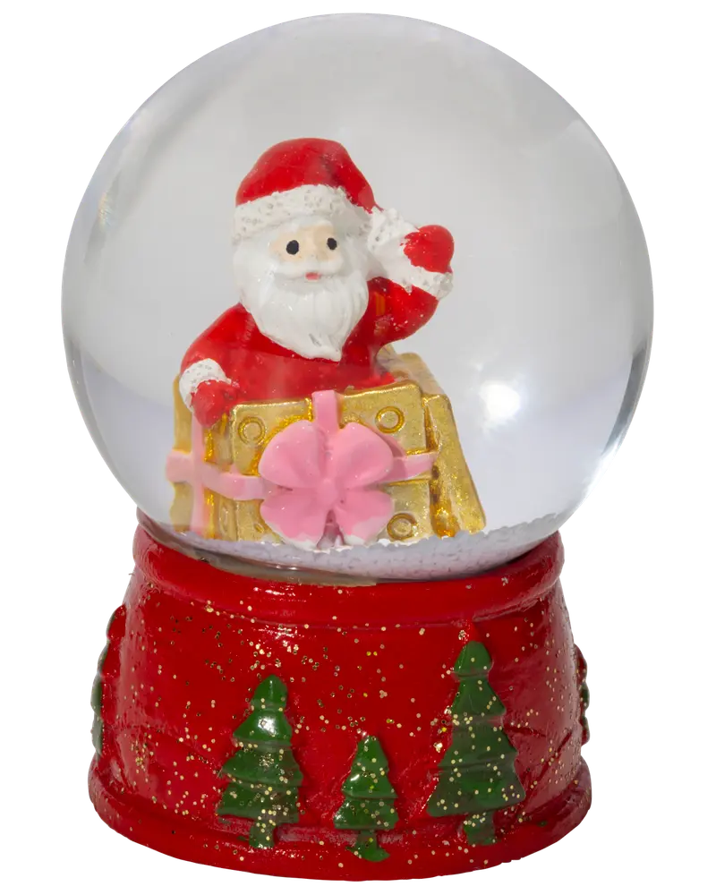 Julig snöglob med jultomte och present inuti, på röd bas dekorerad med gröna granar och guldglitter. Perfekt som juldekoration eller present.
