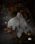 Slidt hængende spøgelsesdekoration med kranieansigt, hvid gaze og uhyggelig Halloween-stil. - Billedet er skabt med AI