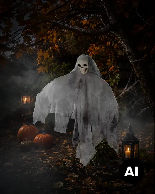 Slidt hængende spøgelsesdekoration med kranieansigt, hvid gaze og uhyggelig Halloween-stil. - Billedet er skabt med AI