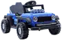 Blå elektrisk legetøjsbil med robuste dæk, forlygter, fire taglygter, rat og detaljeret grill. Designet til børn, har realistisk offroad-stil og solid plastkonstruktion.