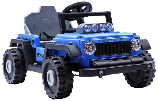 Blå elektrisk legetøjsbil med robuste dæk, forlygter, fire taglygter, rat og detaljeret grill. Designet til børn, har realistisk offroad-stil og solid plastkonstruktion.