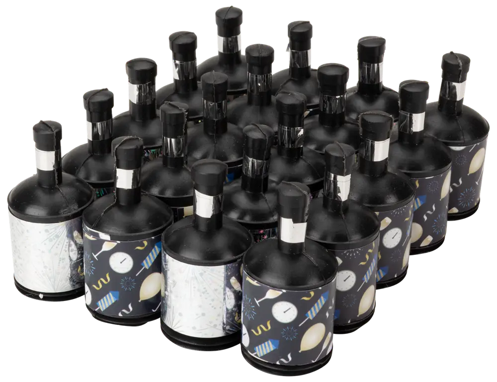 Set med 24 svarta party poppers i plast med nyårstema, dekorerade med klockor, ballonger och konfetti. Varje popper har ett snöre för enkel aktivering.