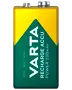 Varta uppladdningsbart 9V-batteri, Ni-MH typ, 200mAh kapacitet. Rektangulär form med gul och grön hölje, två poler på toppen, för elektroniska enheter.