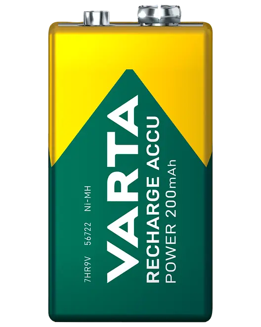 Varta uppladdningsbart 9V-batteri, Ni-MH typ, 200mAh kapacitet. Rektangulär form med gul och grön hölje, två poler på toppen, för elektroniska enheter.