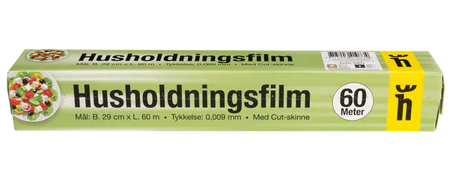 Grön hushållsfilm i förpackning, 60 meter lång, med skäregg och matbild på förpackningen.